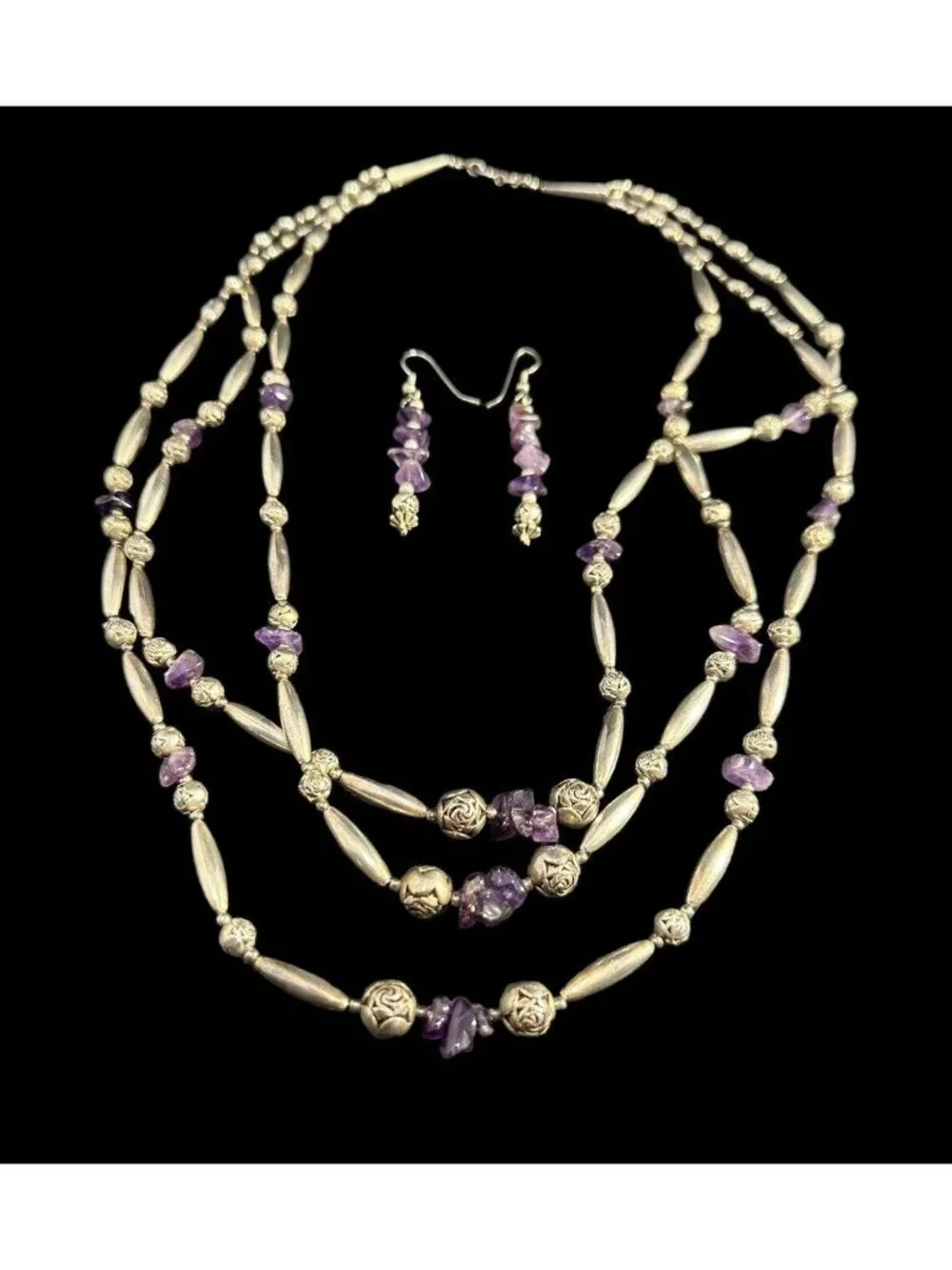 Jewelry Set Sterling Silver Amethyst Three Strand Necklace Dangle Earrings